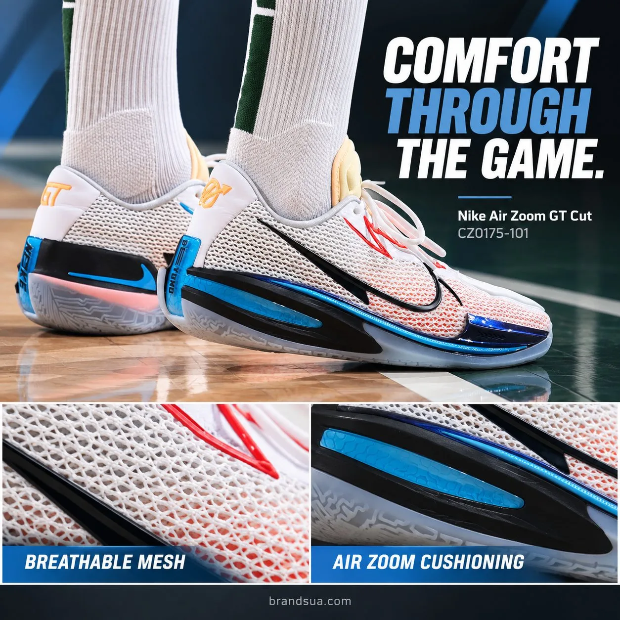 Nike Air Zoom GT Cut CZ0175-101 — COMFORT THROUGH THE GAME.; Adultathletewearingexactshoeslightstep besidecourtline; whitewo…