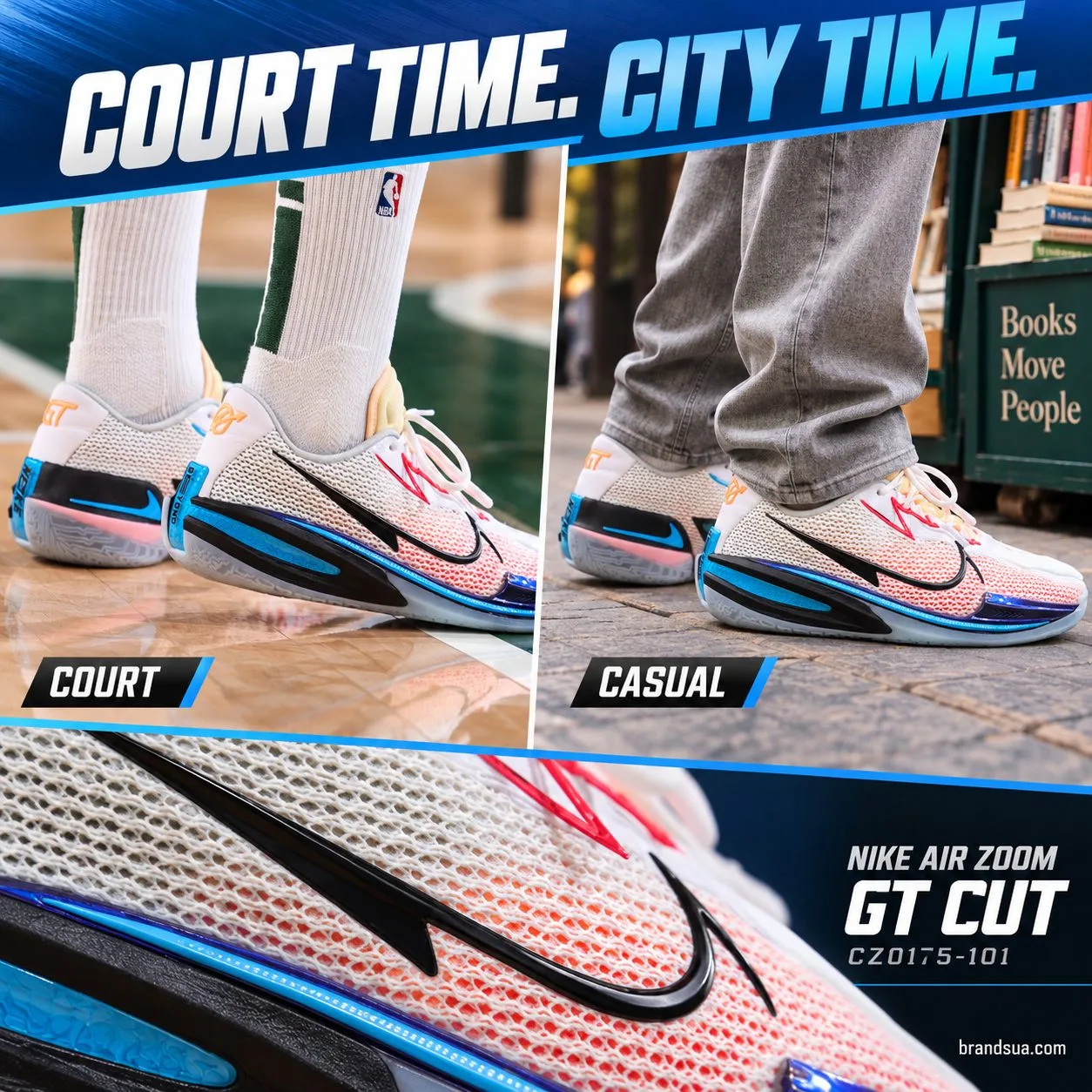 Nike Air Zoom GT Cut CZ0175-101 — COURT TIME. CITY TIME.; Twoactualusepanels croppedathleteonhardwood andexactshoewithgreyca…