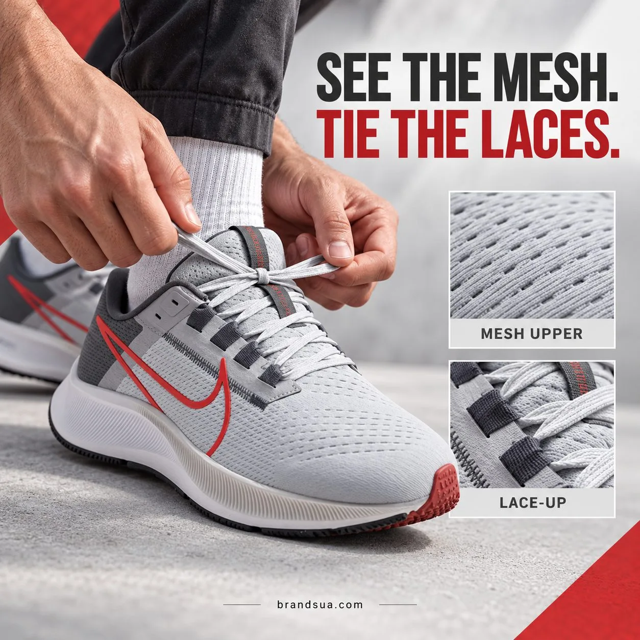 NIKE Air Zoom Pegasus 38 CW7356-200 — Top-down adult hands tie exact grey laces, whole shoe framed. Two small macro tiles me…