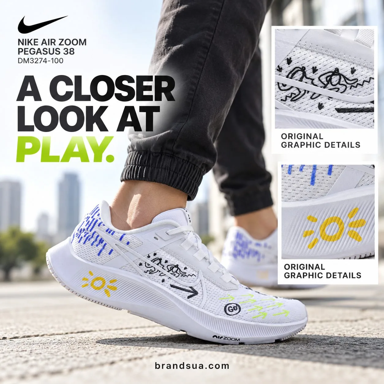 Nike Air Zoom Pegasus 38 DM3274-100 — Macro panels reveal existing playful graphics as purchase appeal.