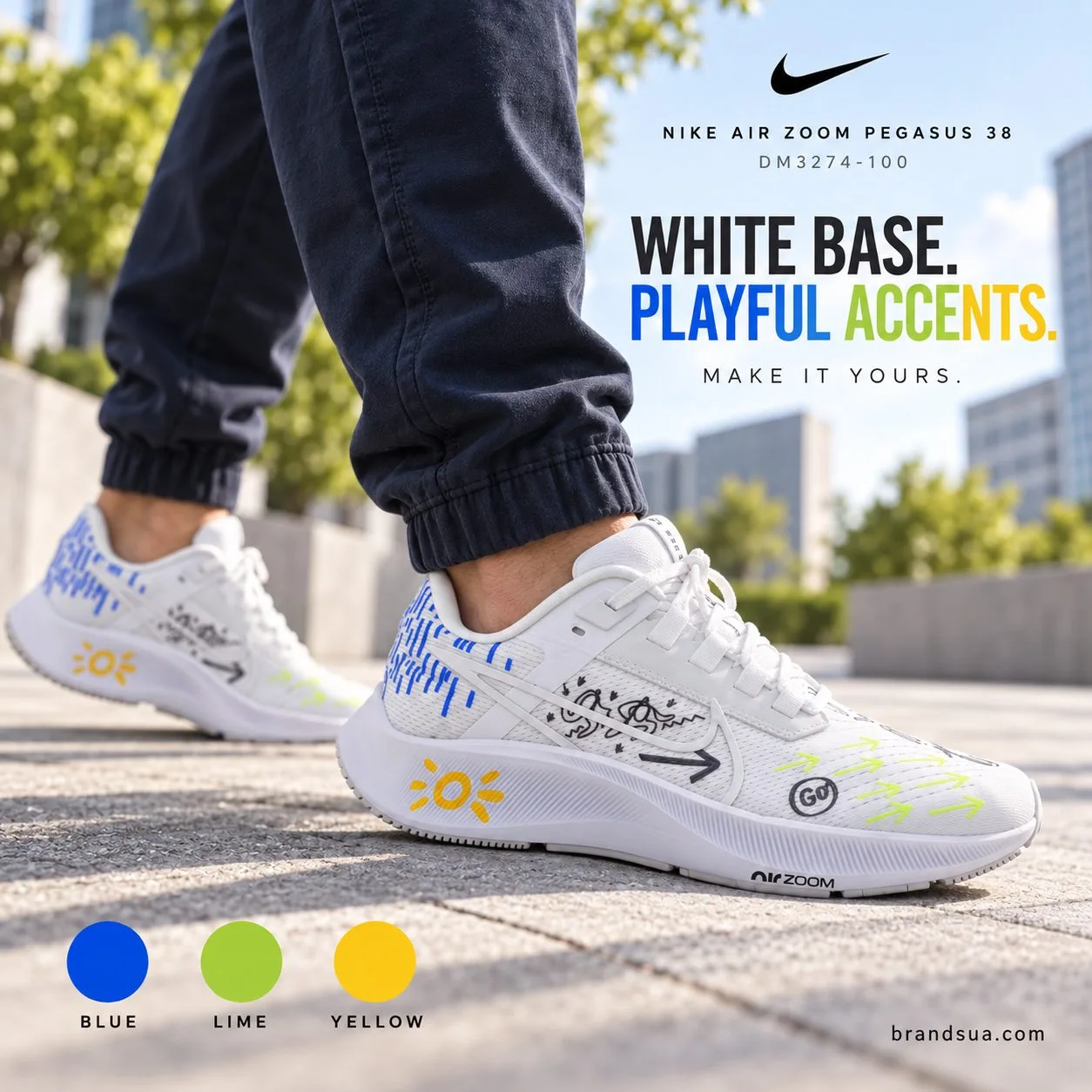 Nike Air Zoom Pegasus 38 DM3274-100 — Neutral outfit and one matched accessory demonstrate controlled styling.