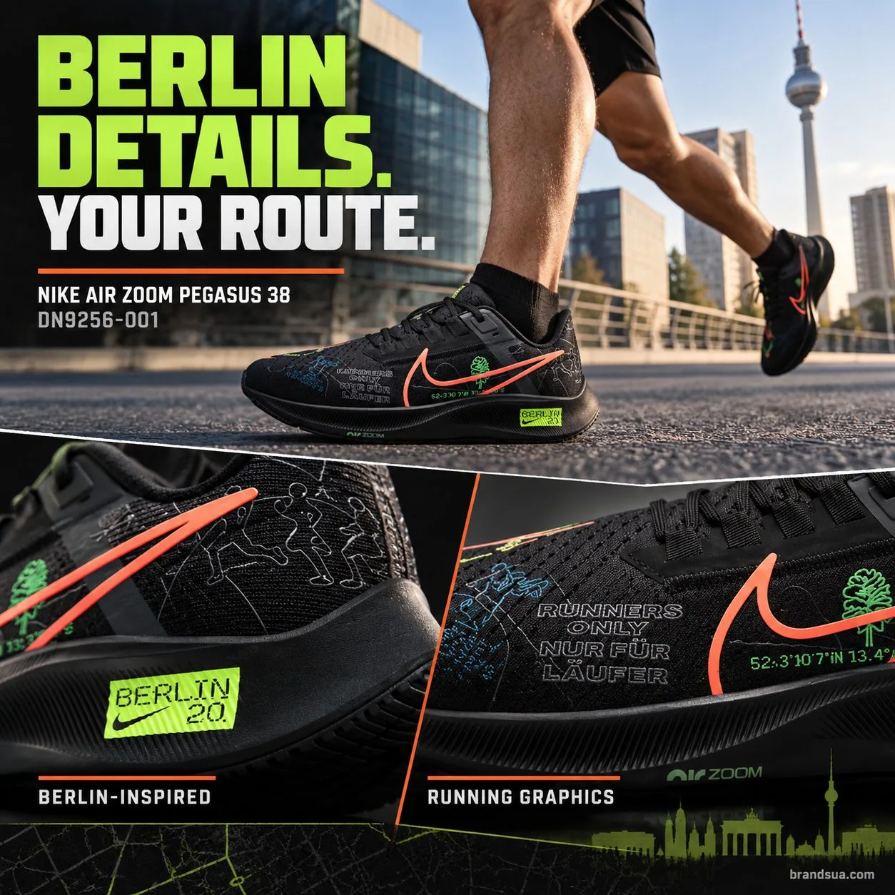 Nike Air Zoom Pegasus 38 DN9256-001 — BERLIN DETAILS. YOUR ROUTE.; Adult road runner blackshorts passing moderncityarchitect…