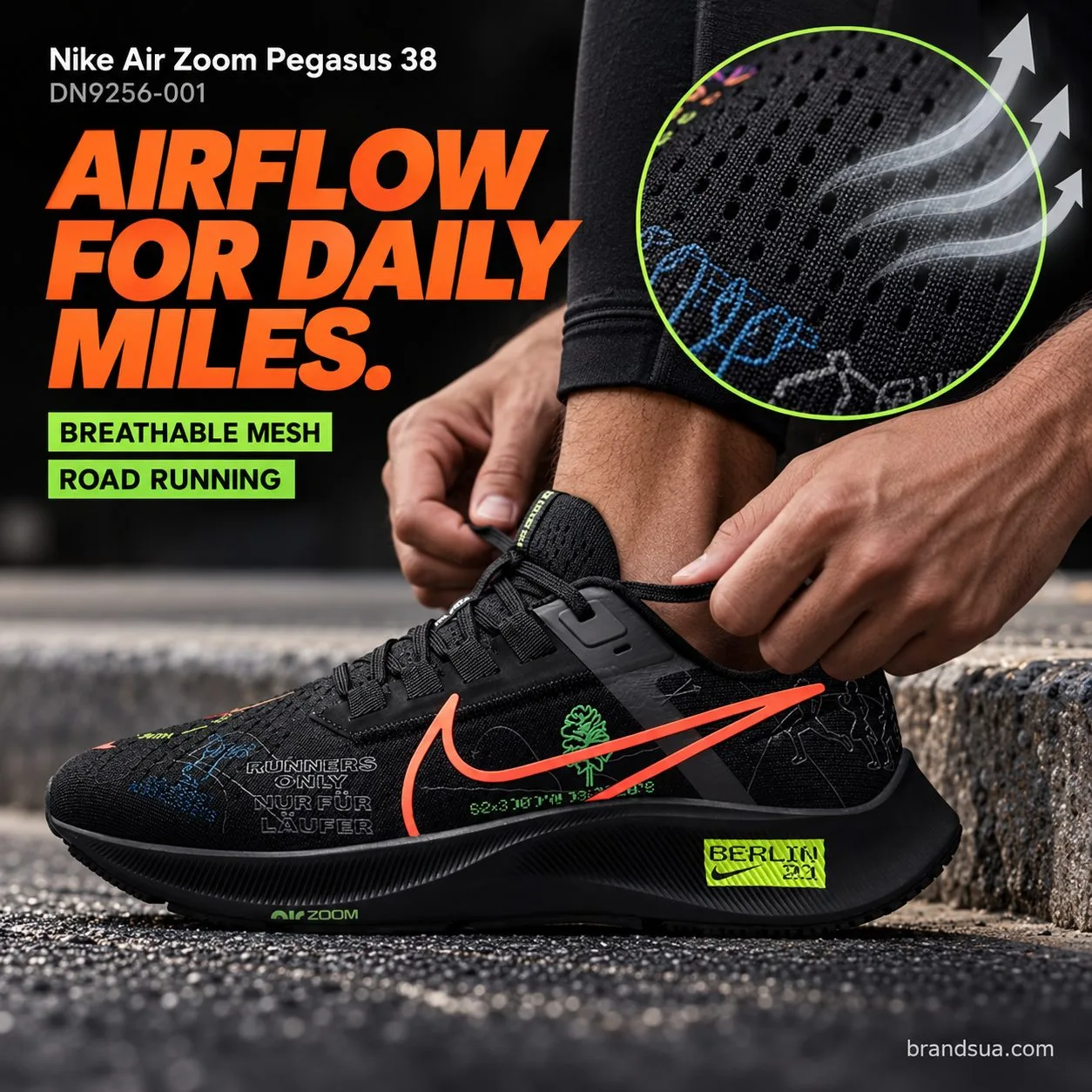 Nike Air Zoom Pegasus 38 DN9256-001 — AIRFLOW FOR DAILY MILES.; Adult handsadjust exactwornshoelaces onstreetkerb pre-run, n…