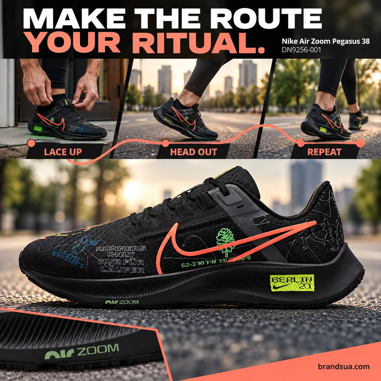 Nike Air Zoom Pegasus 38 DN9256-001 — MAKE THE ROUTE YOUR RITUAL.; Three smallphoto moments alongonegraphicalroute: exactwor…