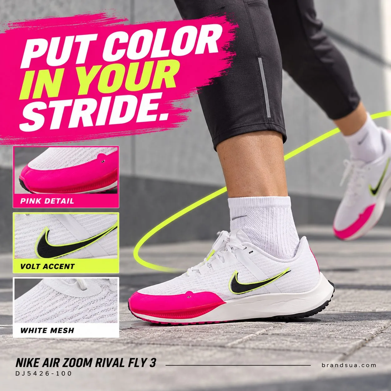 Nike AIR ZOOM RIVAL FLY 3 DJ5426-100 — PUT COLOR IN YOUR STRIDE.; Adult in dark neutral running kit crosses grey plaza, exac…