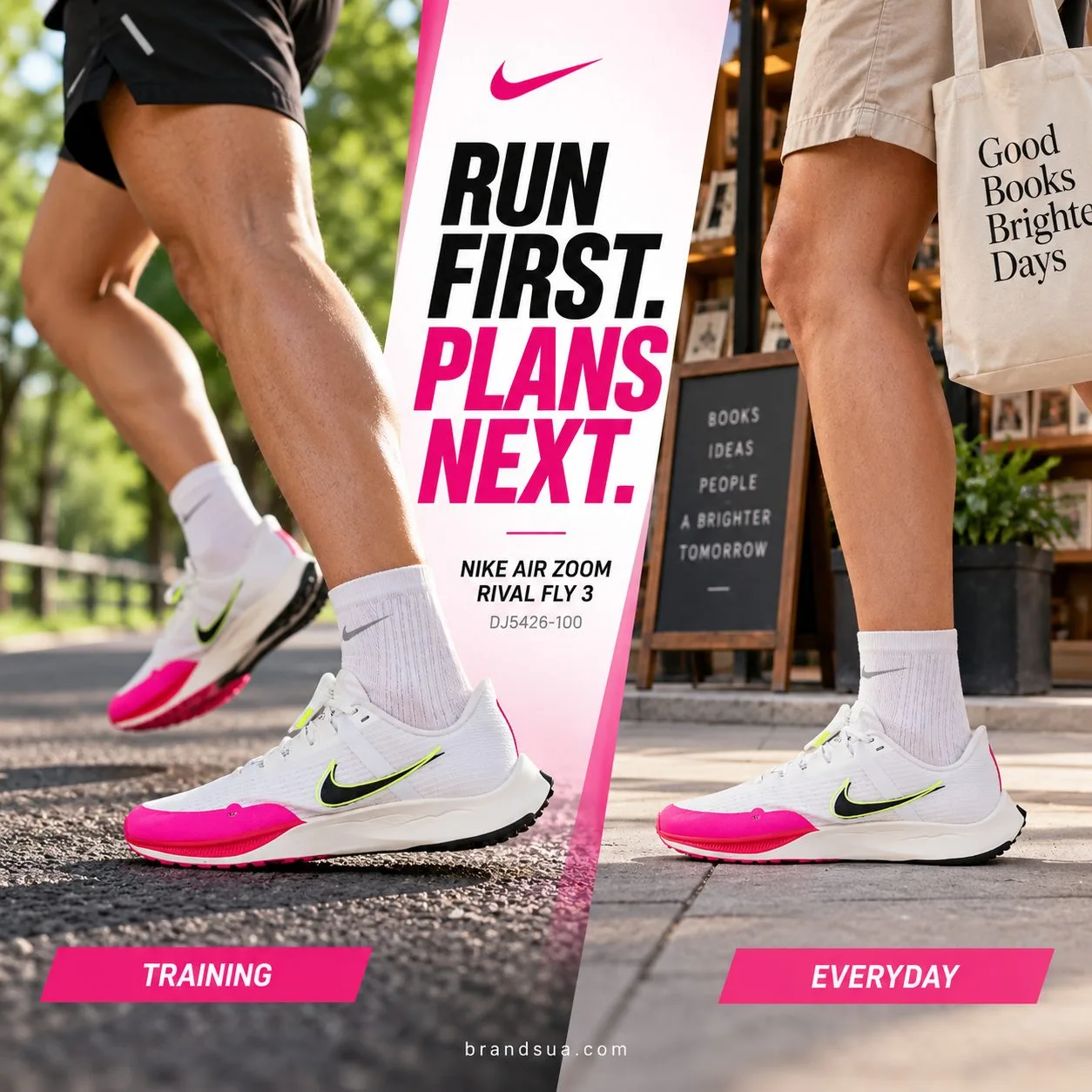 Nike AIR ZOOM RIVAL FLY 3 DJ5426-100 — RUN FIRST. PLANS NEXT.; Diptych adult worn shoes jogging park asphalt and walking to…