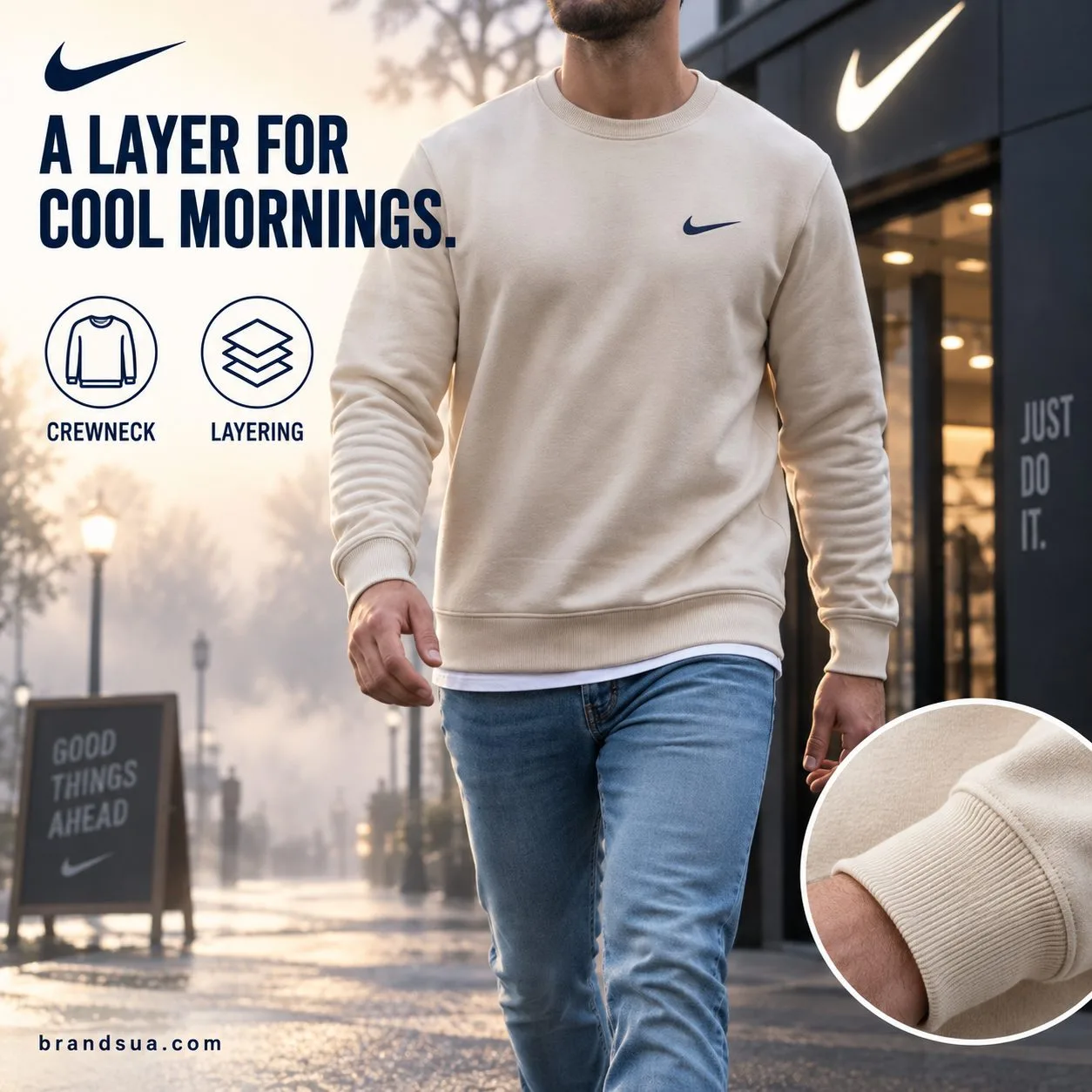 Nike Crewneck Sweatshirt — Adult wearingexactcreamsweatshirt over subtlewhiteTshirt hem strides outside a doorway, chillymor…