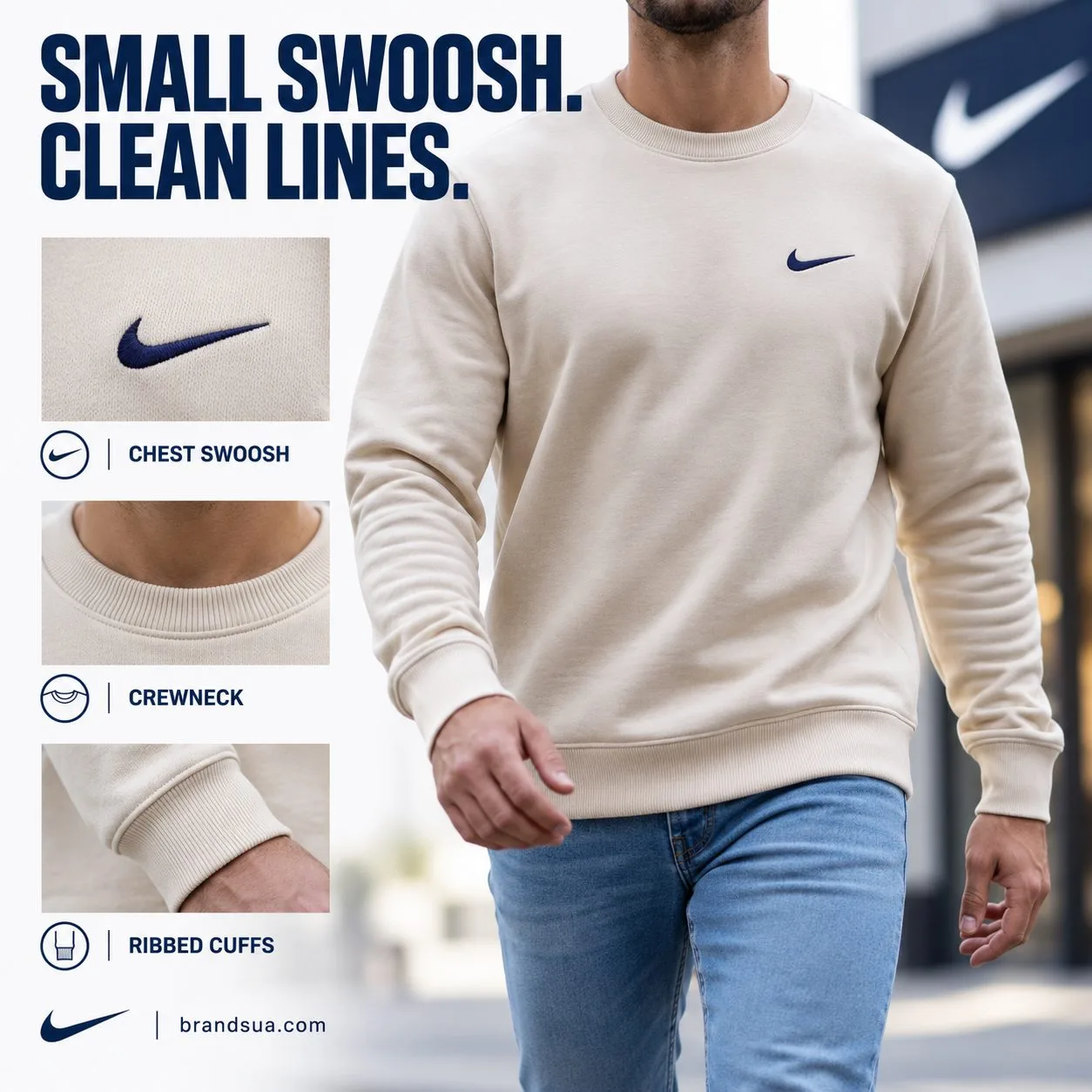 Nike Crewneck Sweatshirt — Fronttorsoinmovement shows uncluttereddesign; actual chestemblem andribbedneckline macroprovevisi…
