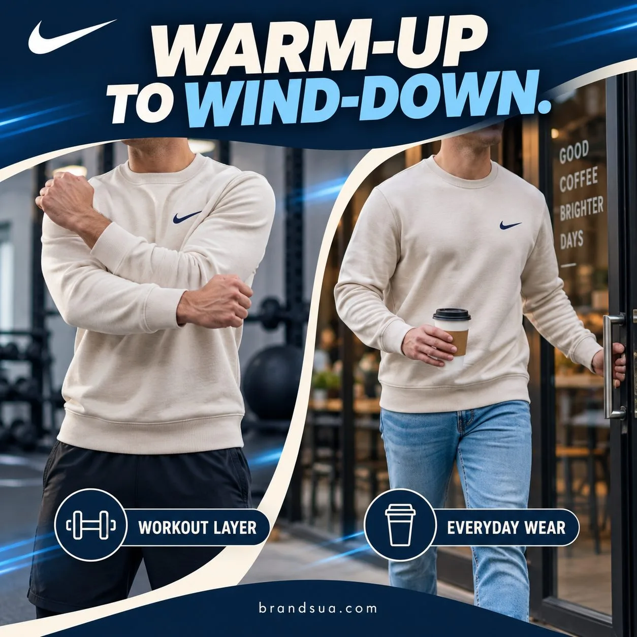Nike Crewneck Sweatshirt — Sameexact sweatshirt shown in activewarmup and movingcasualscene.