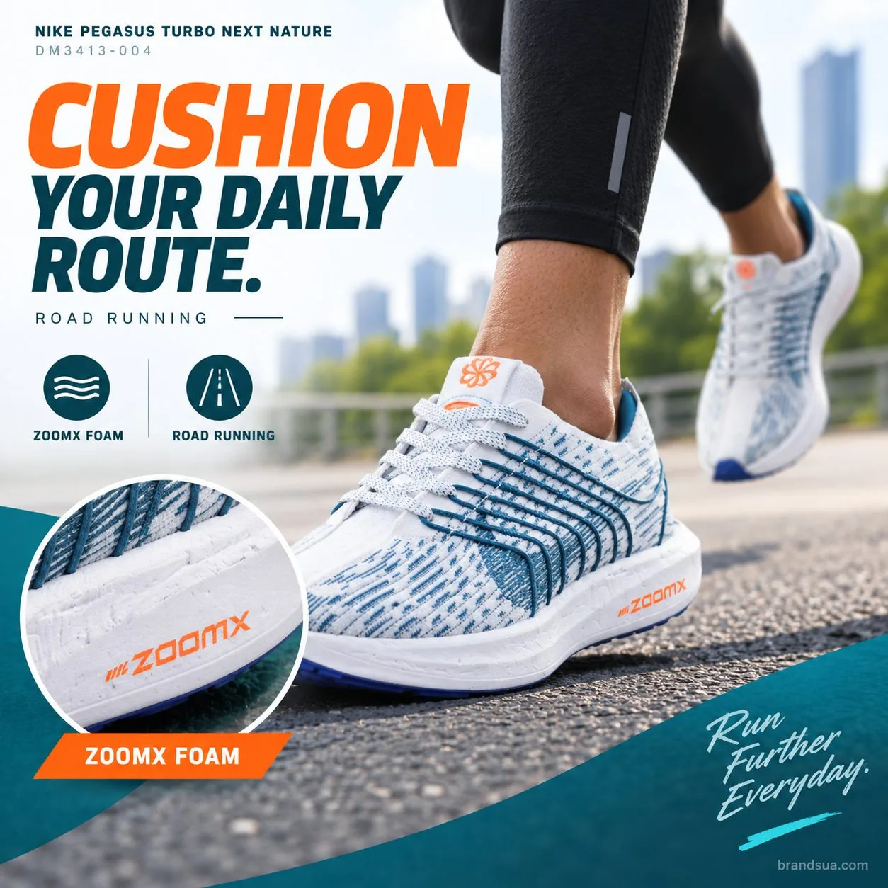 Nike Pegasus Turbo Next Nature DM3413-004 — CUSHION YOUR DAILY ROUTE.; Adult runner crossing calm road in source front-side…