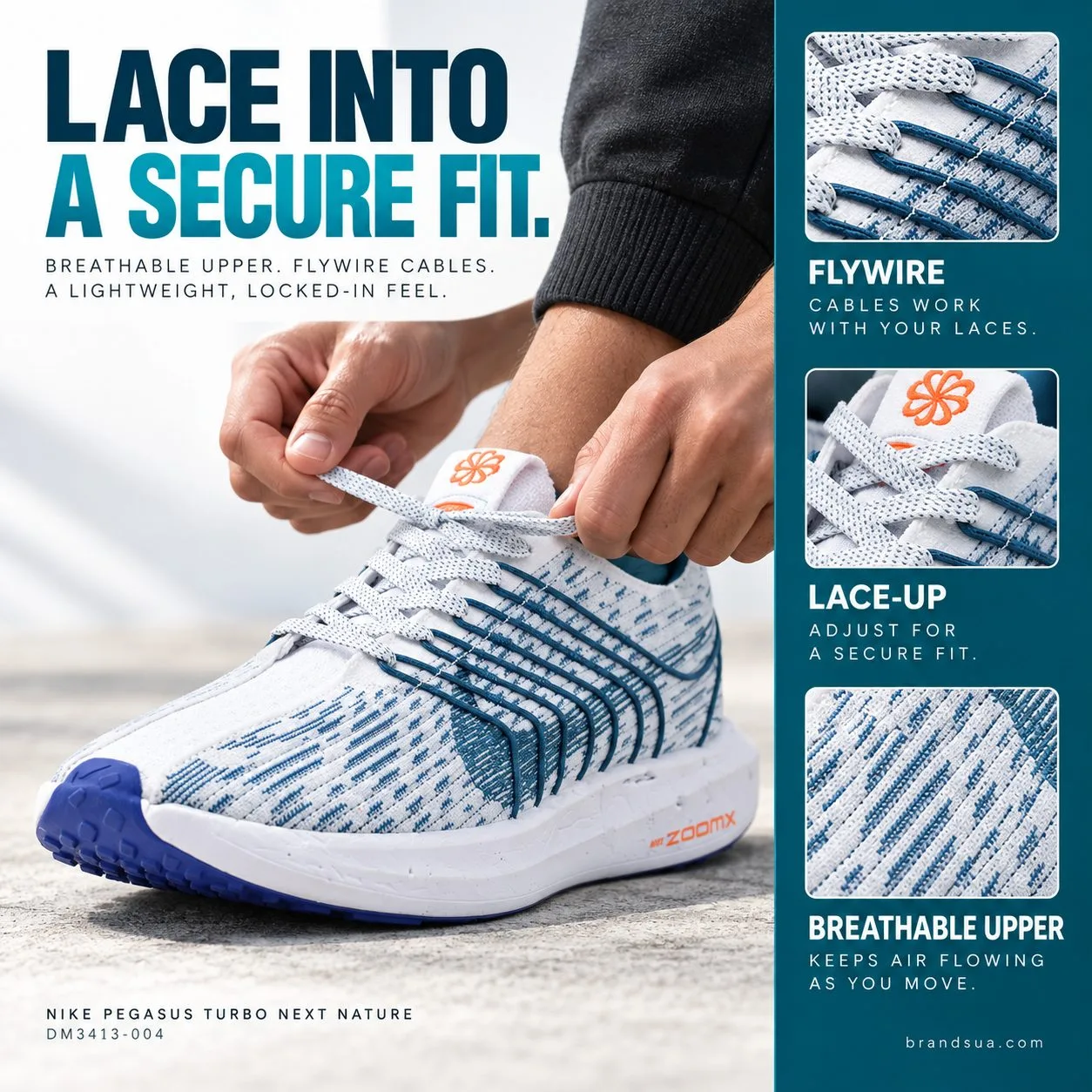 Nike Pegasus Turbo Next Nature DM3413-004 — LACE INTO A SECURE FIT.; Cropped adult hand adjusting laces on worn shoe; detail…