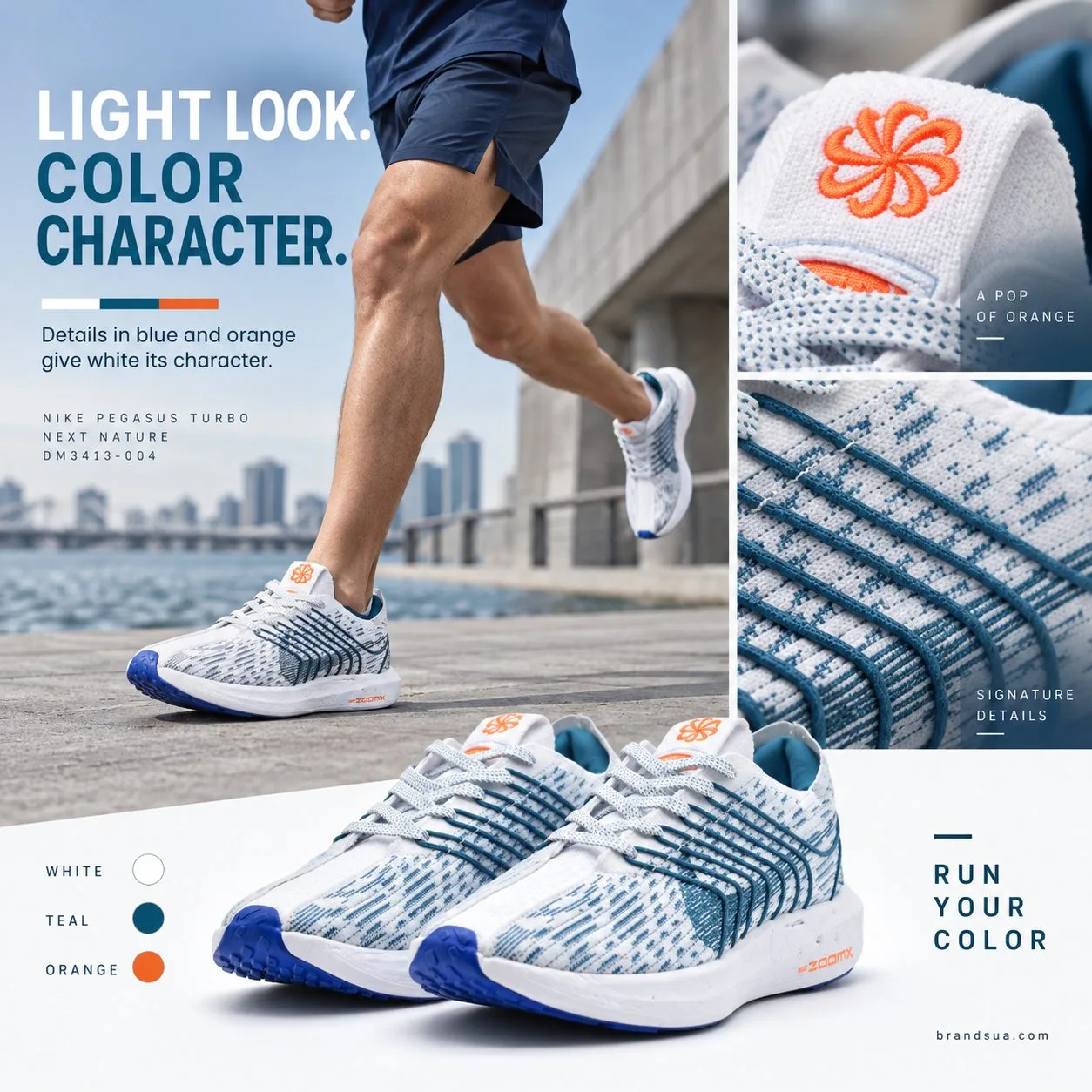 Nike Pegasus Turbo Next Nature DM3413-004 — LIGHT LOOK. COLOR CHARACTER.; Adult in navy running kit striding by grey waterfr…