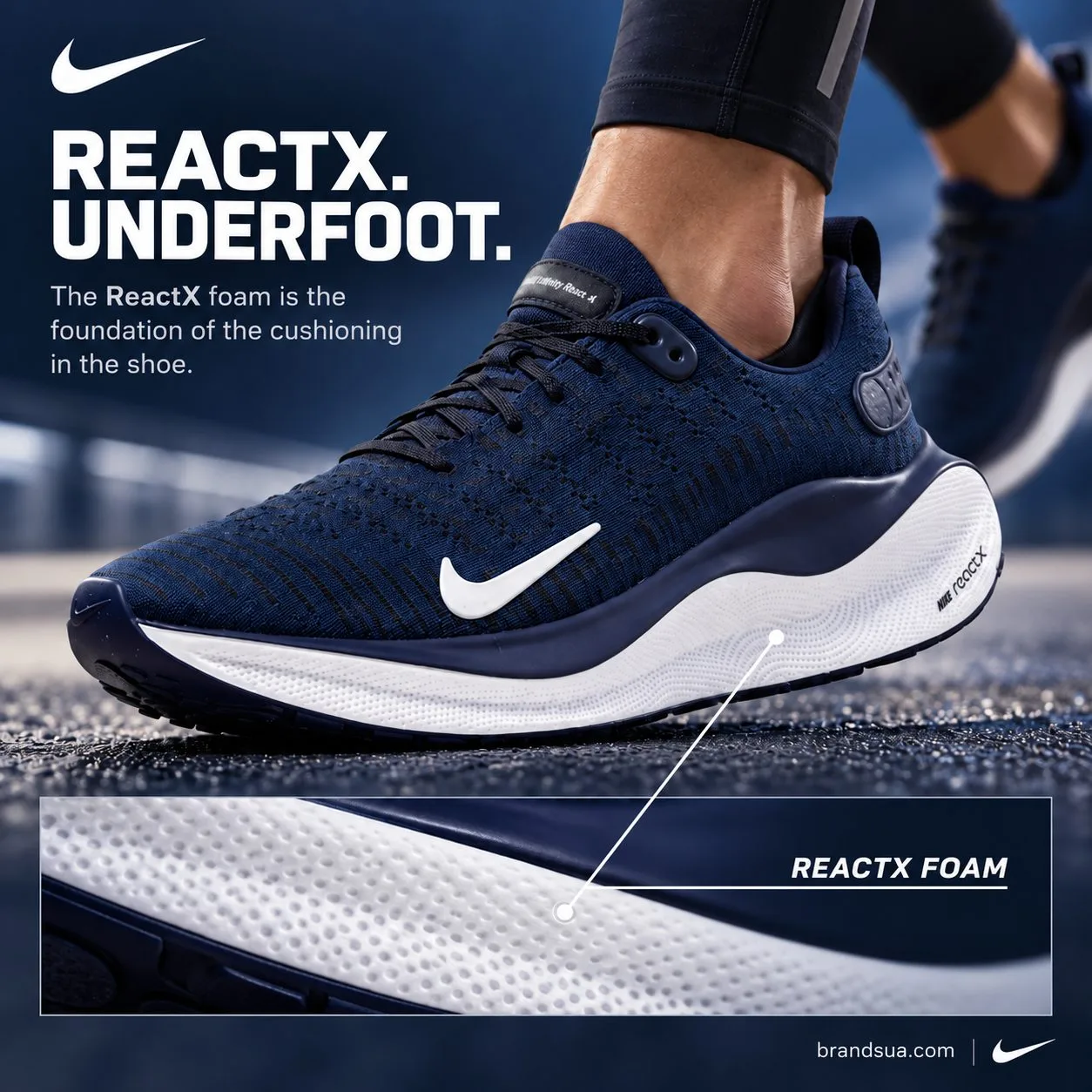 Nike Reaction X Infinity Navy DR2665-400 — Macro connects known cushioning material to visible midsole.