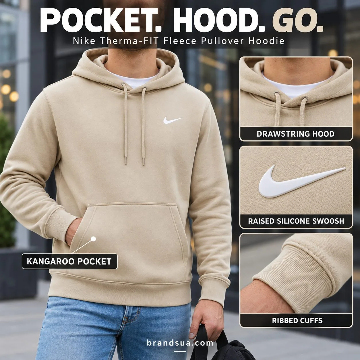 Nike Therma-FIT Fleece Pullover Hoodie — Actual hand-in-pocket demonstration proves function alongside exact detail.