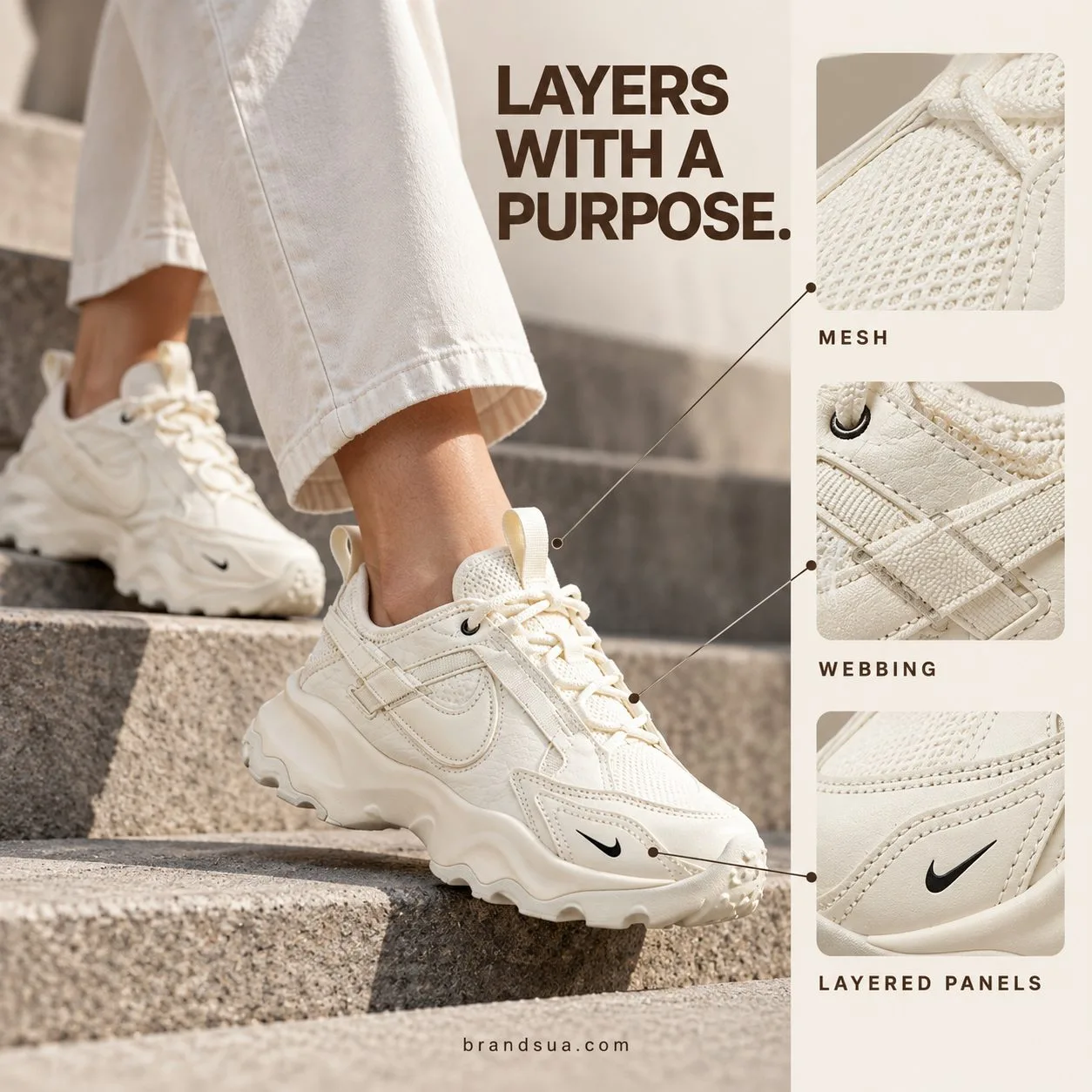 Nike Women's TC 7900 Sneakers DD9682-100 — Large street step with cream exact shoe on-foot and trouser hem. Three small edit…