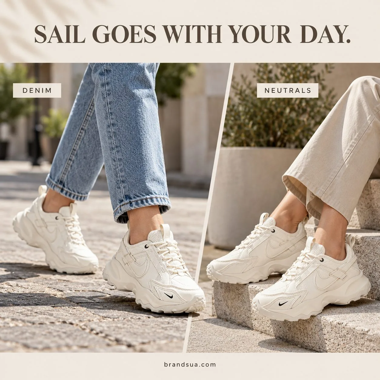 Nike Women's TC 7900 Sneakers DD9682-100 — Two connected unequal editorial panels: adult walking in blue jeans at market pav…