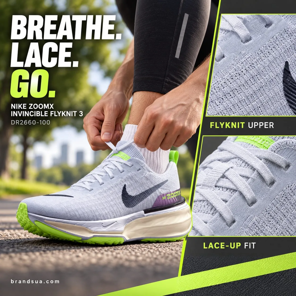nike ZoomX Invincible Flyknit 3 DR2660-100 — BREATHE. LACE. GO.; Hands tighteninglaces onexactwornshoe besideparkpath, macro…