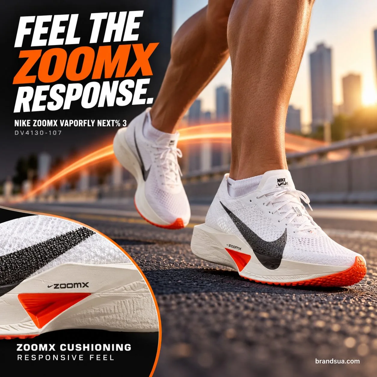 NIKE ZOOMX VAPORFLY NEXT% 3 DV4130-107 — FEEL THE ZOOMX RESPONSE.; Croppedcalves racepaceon closedurbanrun route exactwhiteV…