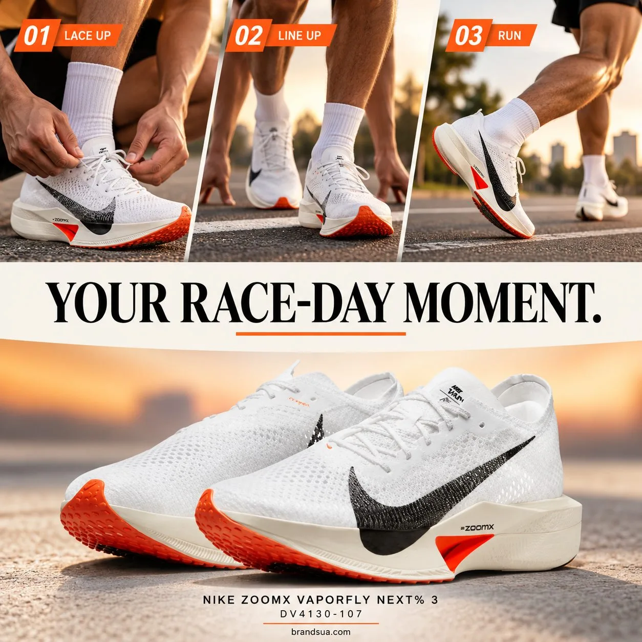 NIKE ZOOMX VAPORFLY NEXT% 3 DV4130-107 — YOUR RACE-DAY MOMENT.; Threepanel narrative adultcalves lacingstart area, poisedsta…