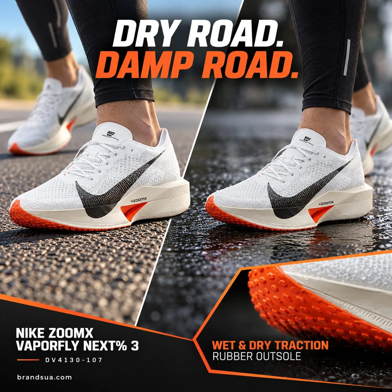 NIKE ZOOMX VAPORFLY NEXT% 3 DV4130-107 — DRY ROAD. DAMP ROAD.; Diagonaldualscene sameexactshoeworn dryasphalt left andlightd…