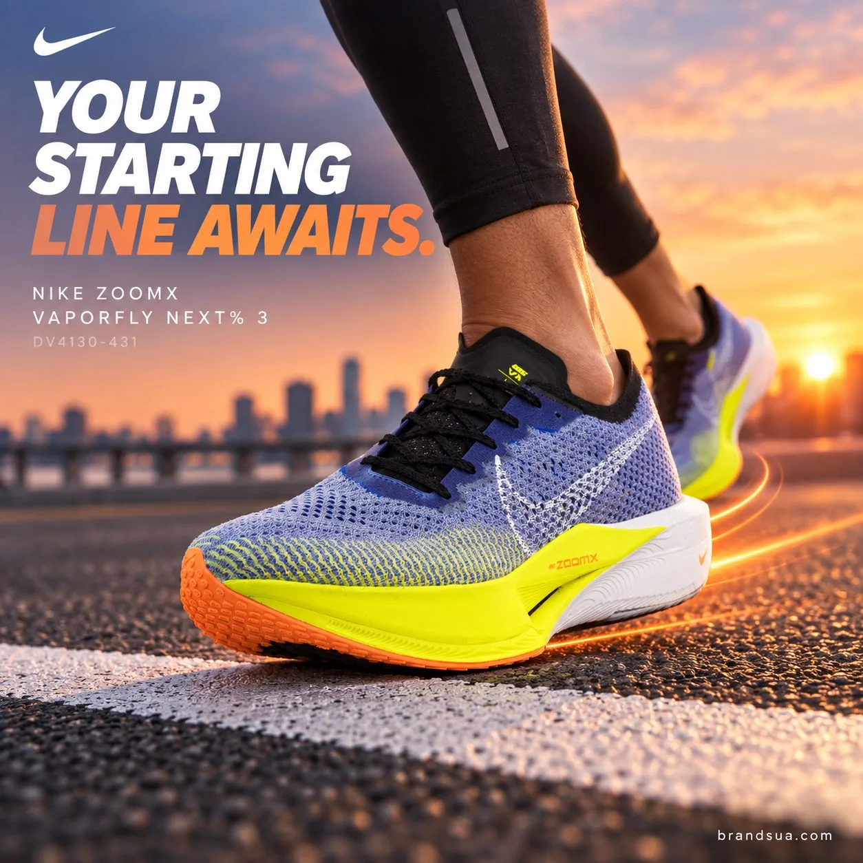 NIKE ZOOMX VAPORFLY NEXT% 3 DV4130-431 — Starting line and first actual step express beginning routine.