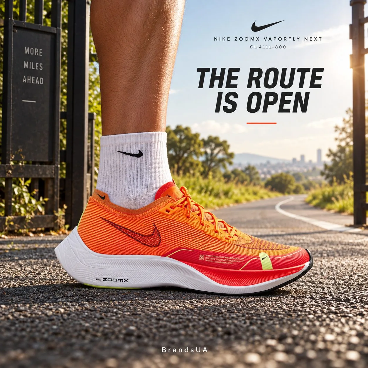 Nike ZoomX Vaporfly Next CU4111-800 — Adult runner drives into first road stride on an empty safe closed running route, ches…