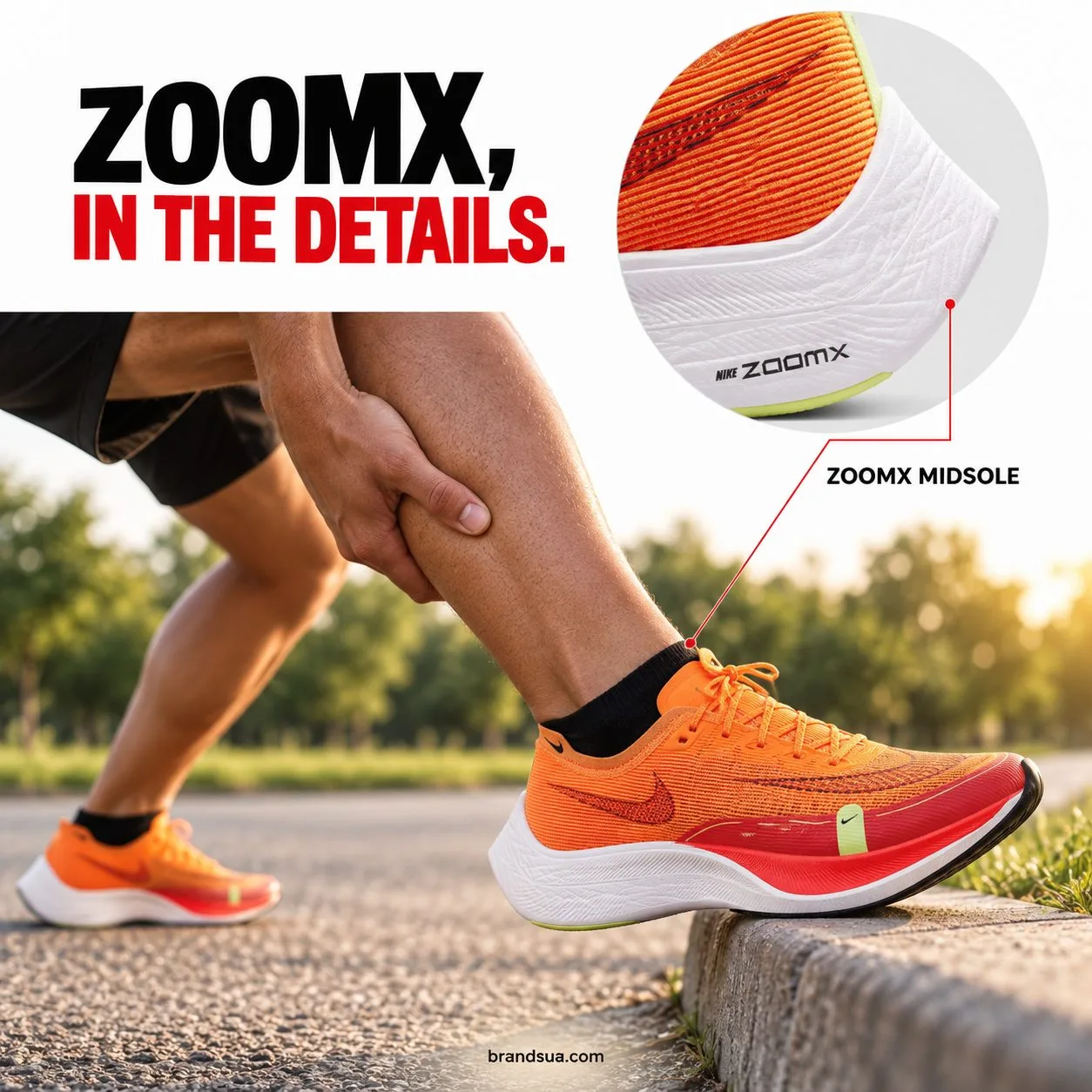 Nike ZoomX Vaporfly Next CU4111-800 — Side-on runner controlled calf stretch at low park curb, exact orange shoe on foot. La…