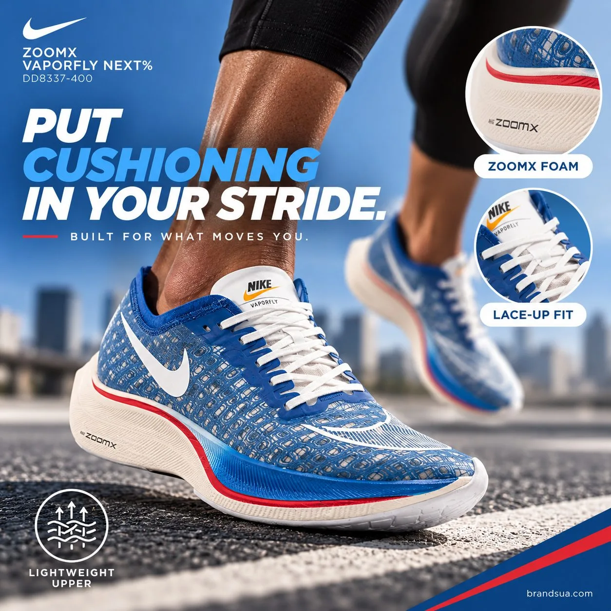 Nike ZoomX Vaporfly NEXT% DD8337-400 — PUT CUSHIONING IN YOUR STRIDE.; Low source-front-side view of runner landing on road,…
