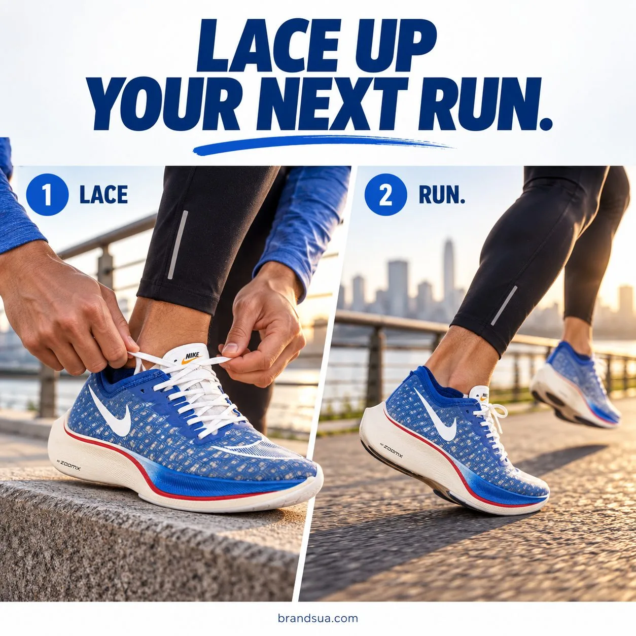 Nike ZoomX Vaporfly NEXT% DD8337-400 — LACE UP YOUR NEXT RUN.; Adult runner at riverside railing ties exact shoe while foot…