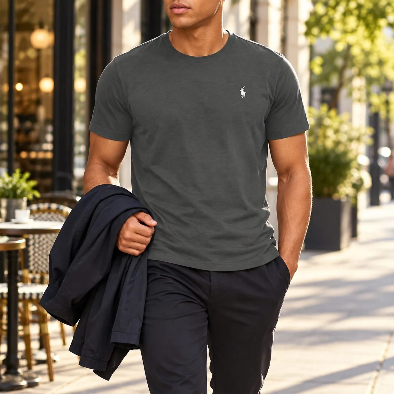 polo Ralph Lauren shirt — dark grey T-shirt worn on city walk