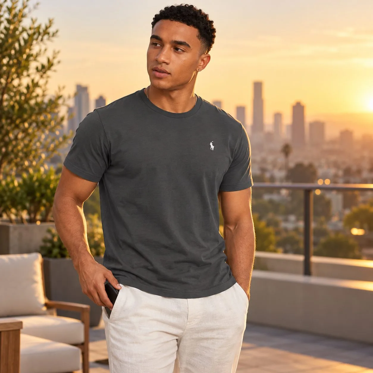 Polo Ralph Lauren shirt — Dark grey size 2XL — dark grey T-shirt worn on a terrace