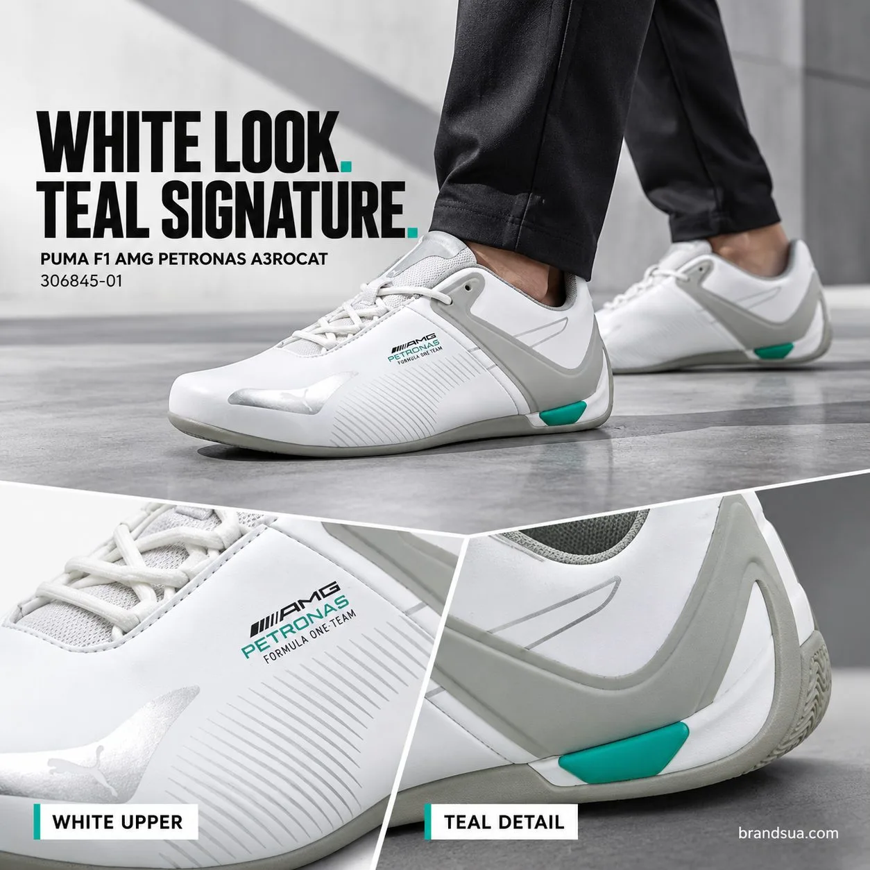 Puma F1 Amg Petronas A3rocat 306845-01 — WHITE LOOK. TEAL SIGNATURE.; Split fullbleed wornshoe hero adult darktrousers again…