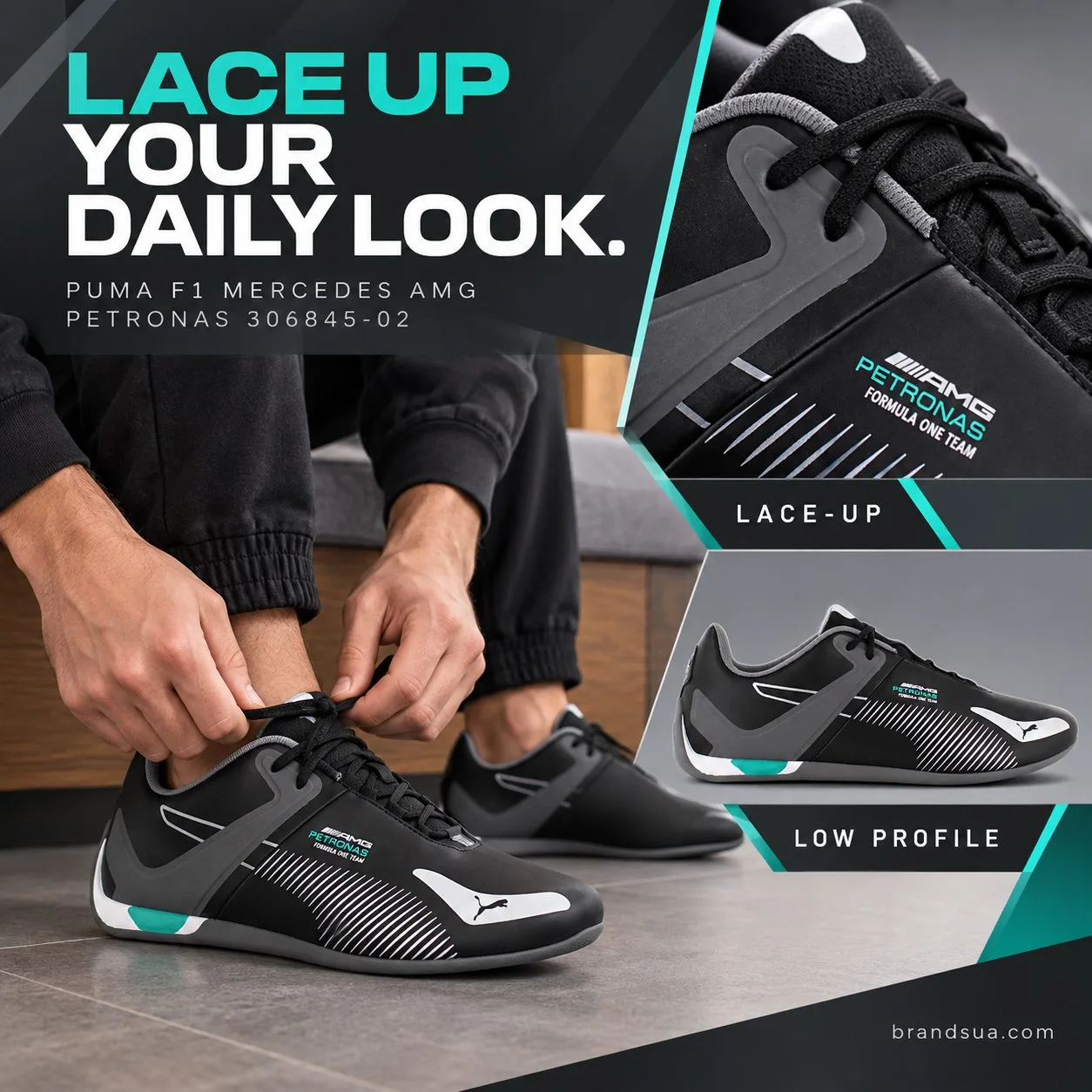 Puma F1 Mercedes Amg Petronas306845-02 — LACE UP YOUR DAILY LOOK.; Adult seatedinmodernentryway handsadjustingblacklaces one…