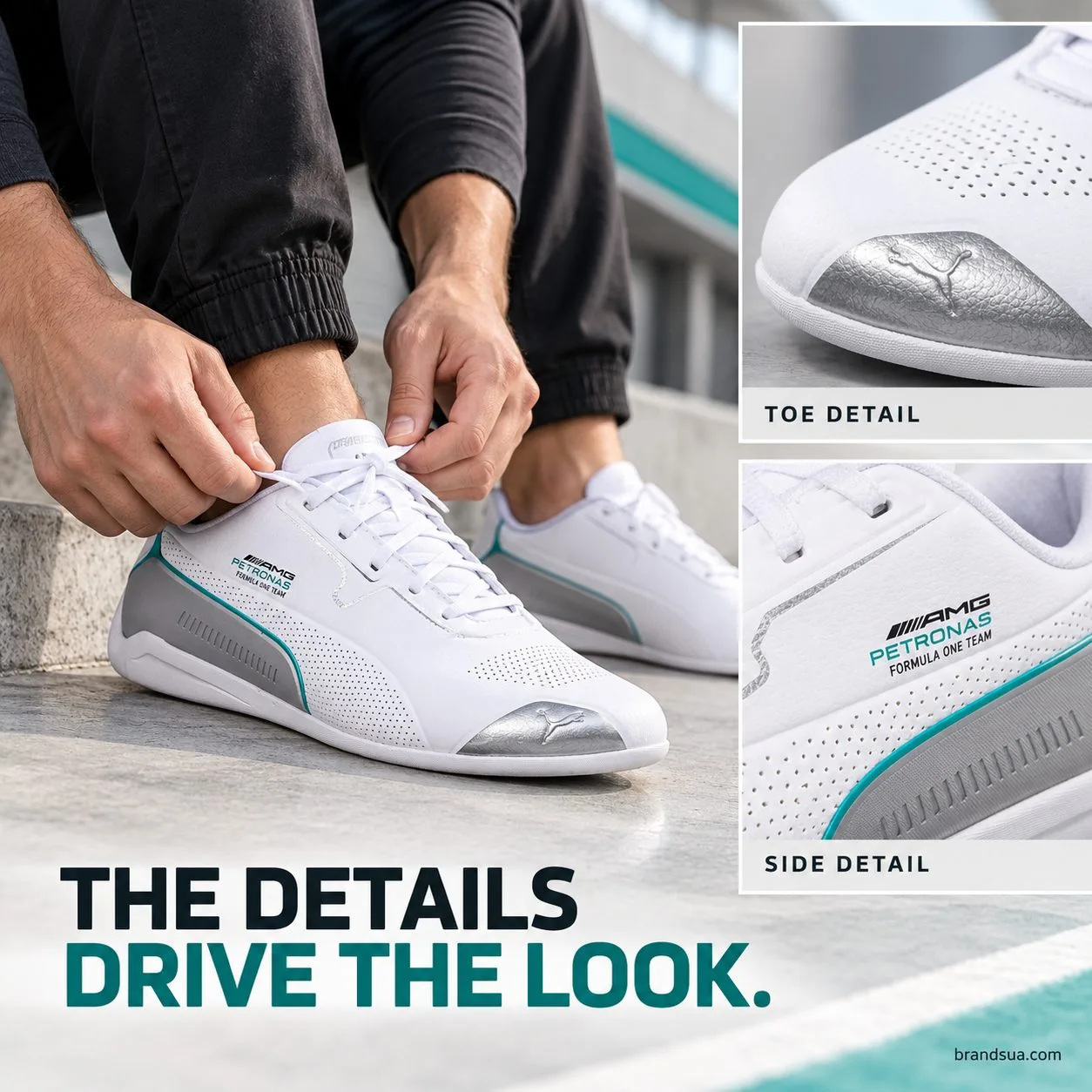 Puma mercedes Drift cat 8 white — Adult seated tightening white laces; separate two macro frames accurate silver toe cat and…