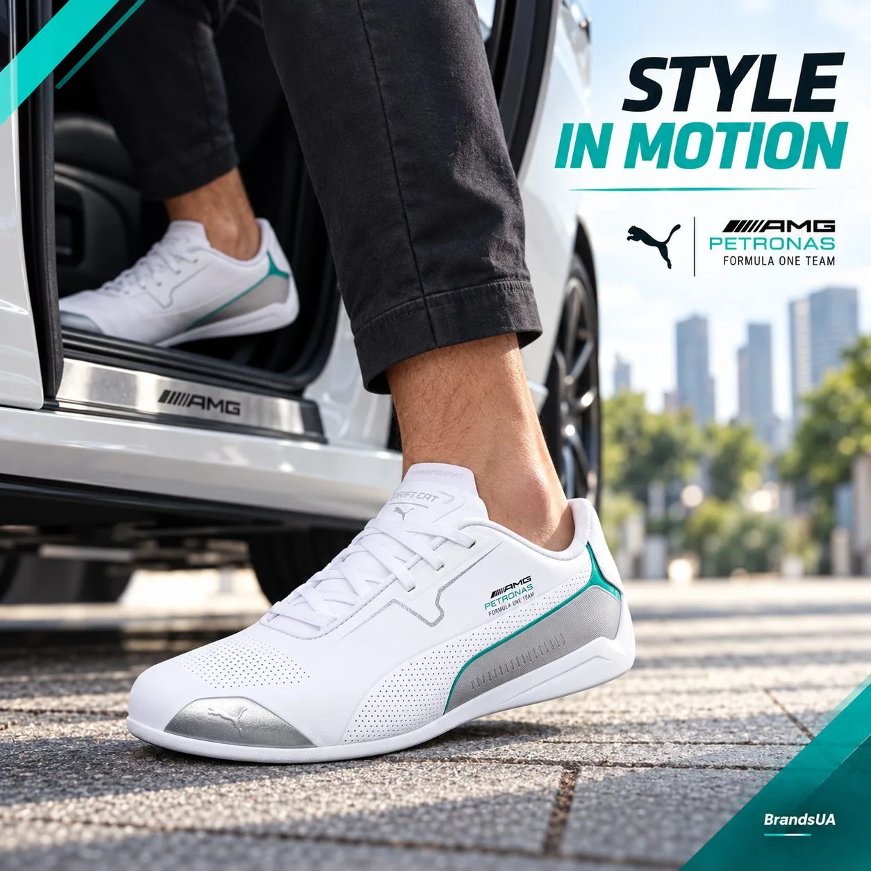 Puma mercedes Drift cat 8 white — Two candid foot crops same exact shoe with black slim trousers and pale grey joggers, both…