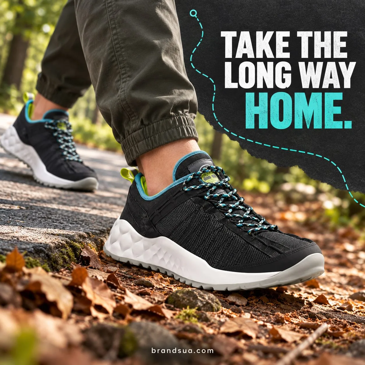 Timberland Greenstride SOLAR WAVE — Cropped walker taking a deliberate step from paved path onto an easy wooded footpath, ex…