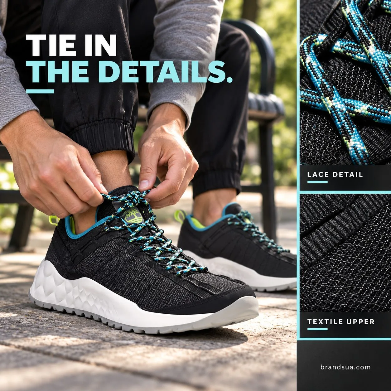 Timberland Greenstride SOLAR WAVE — Adult seated on park bench with hands tying the exact flecked laces. Shoe side 60% of im…