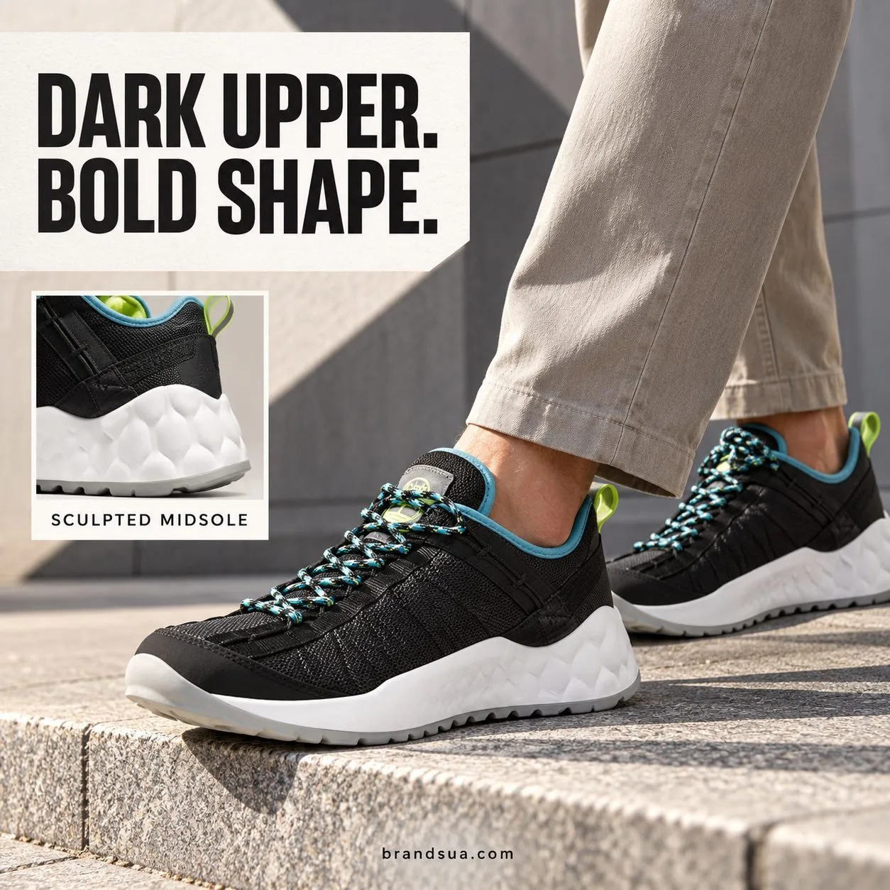 Timberland Greenstride SOLAR WAVE — City curb step seen side-on with exact black shoe, plain stone trousers. Clean architect…