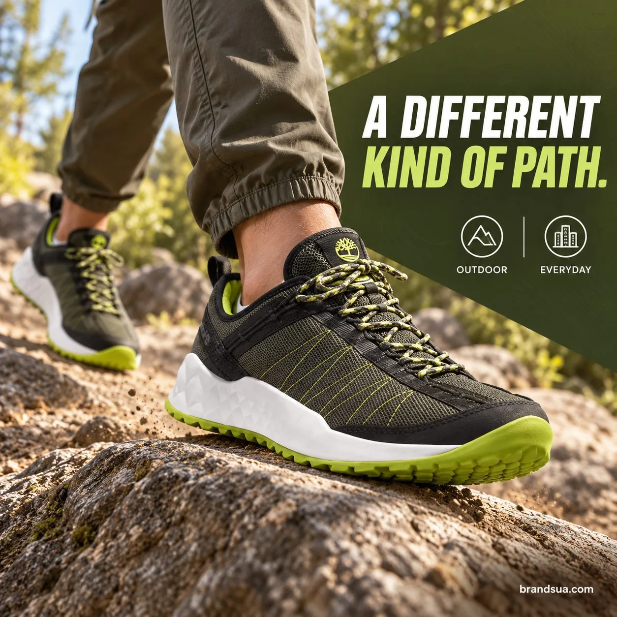 Timberland Greenstride Solar Wave — Low-angle actual hiker stepping across a low DRY rock in an easy park trail, cropped wai…