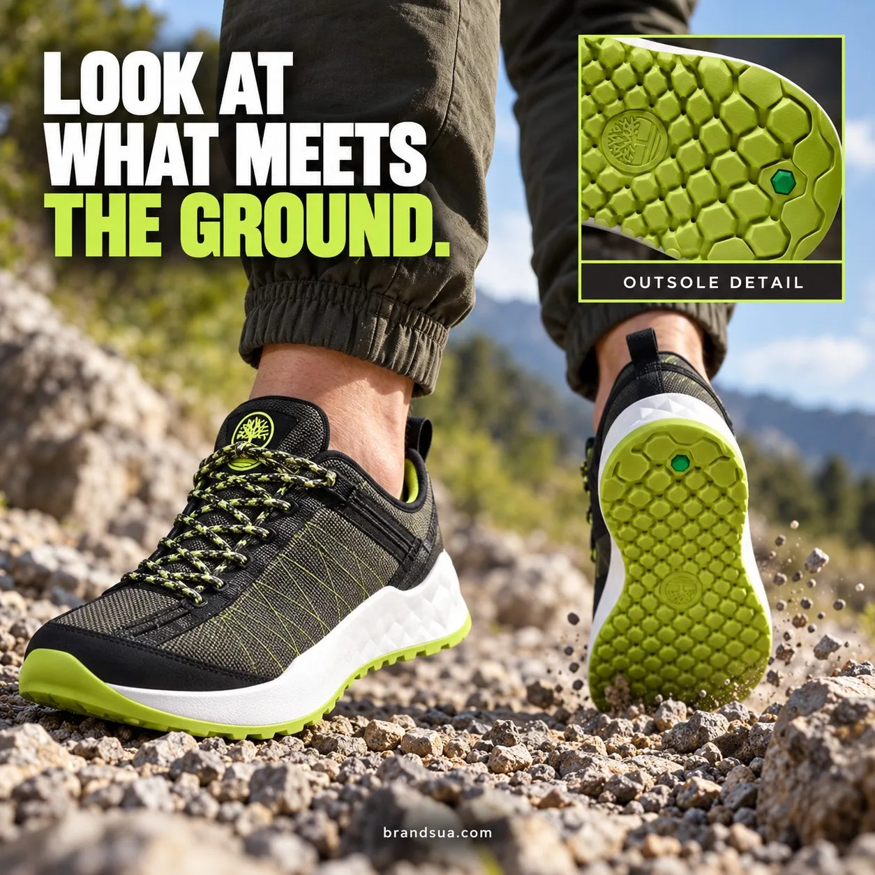 Timberland Greenstride Solar Wave — Dynamic walking heel-lift across gravel reveals exact lime geometric outsole; dominant s…