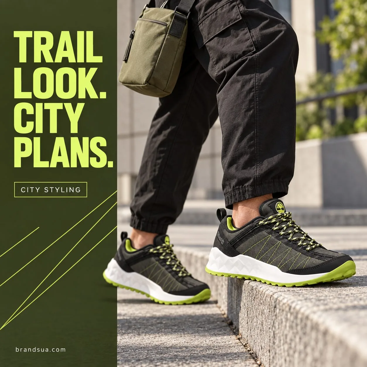 Timberland Greenstride Solar Wave — Adult in black cargo trousers climbing a single city curb with a plain olive crossbody b…