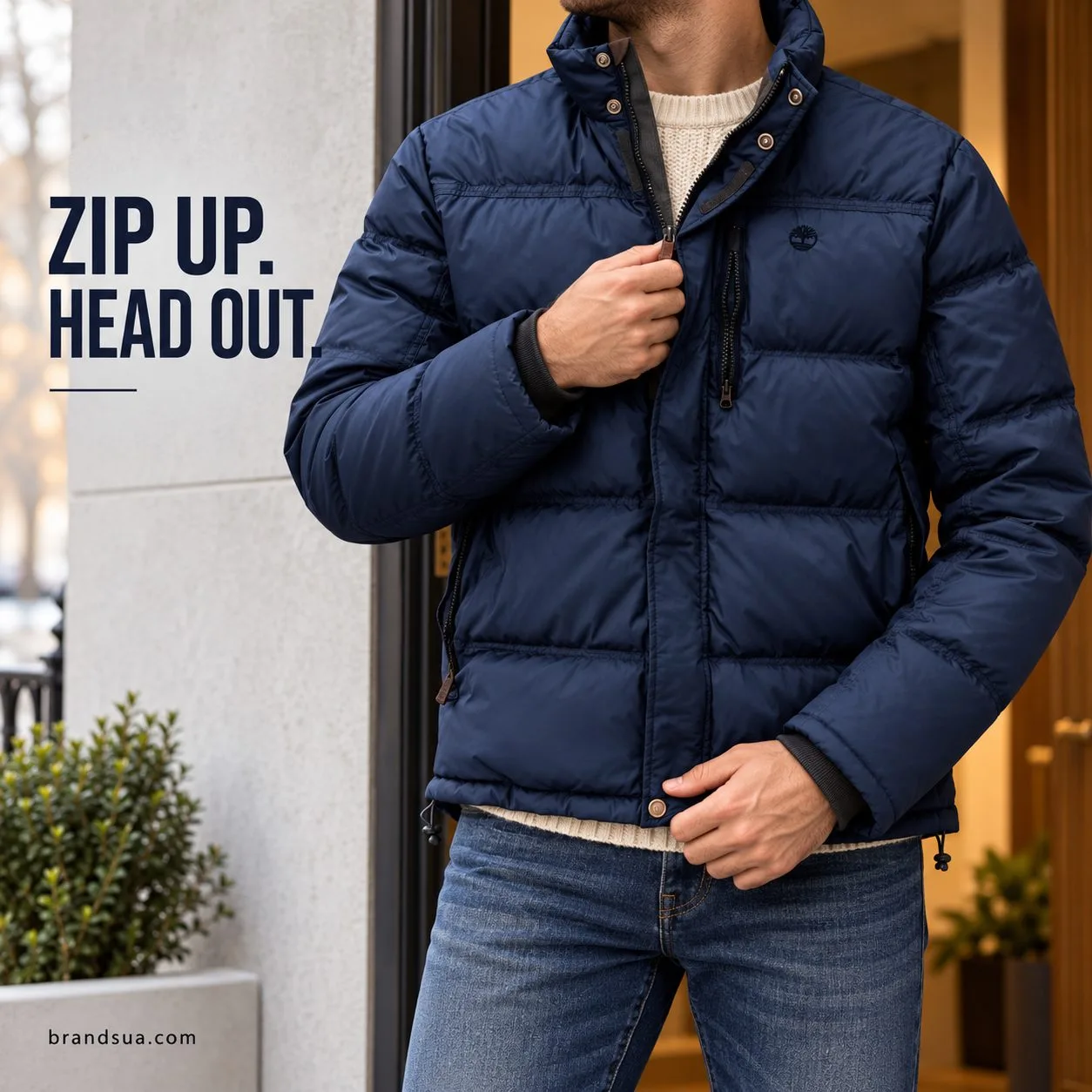 Timberland NEW Arrival men`s jacket — Adult cropped neck-to-thigh at doorway actually pulling front zipper, navy puffer over…