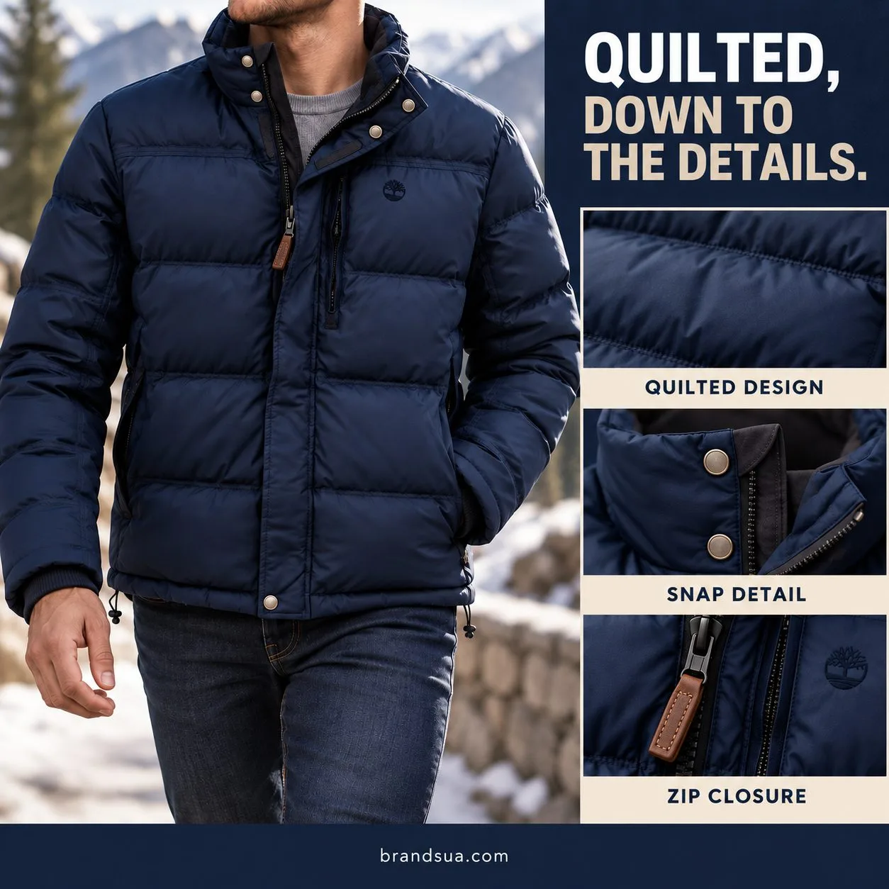 Timberland NEW Arrival men`s jacket — Adult walking with jacket zipped to chest; three slim factual macro tiles actual horiz…