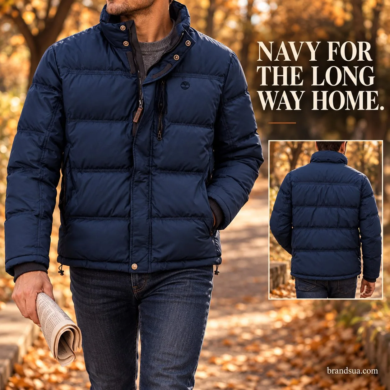 Timberland NEW Arrival men`s jacket — Chest-down adult walks tree-lined dry path carrying folded newspaper, hands naturally…