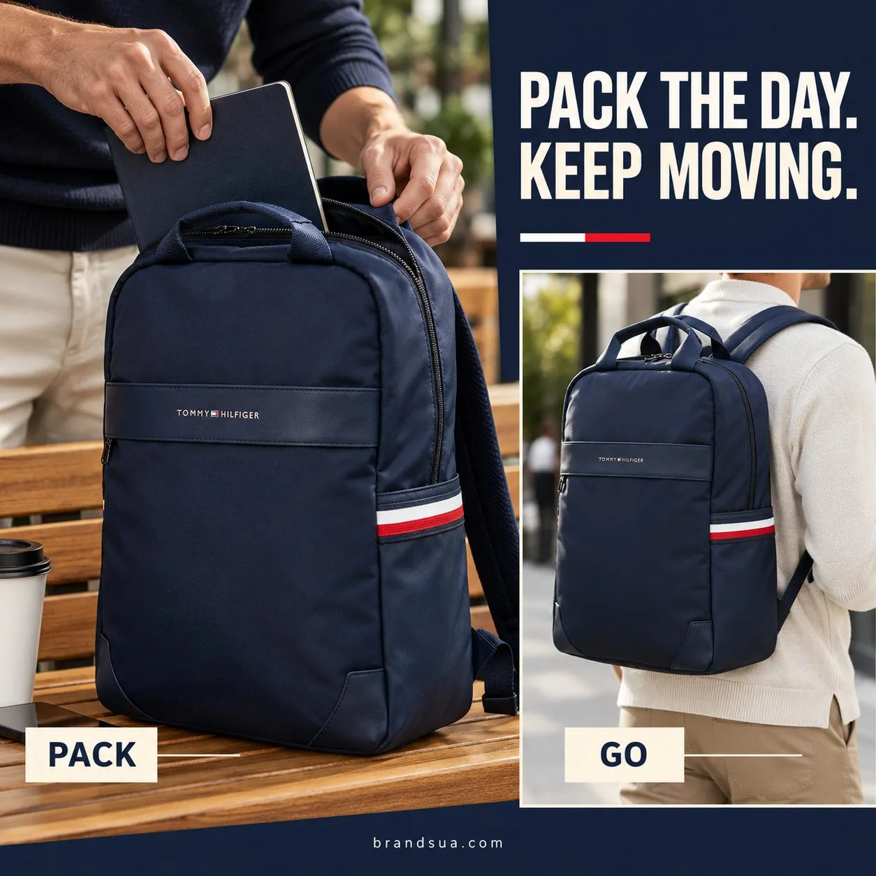 Tommy Hilfiger Backpack Heavy-duty Lightweight — Cropped adult hands put ONE plain notebook into visibly opened TOP main zip…