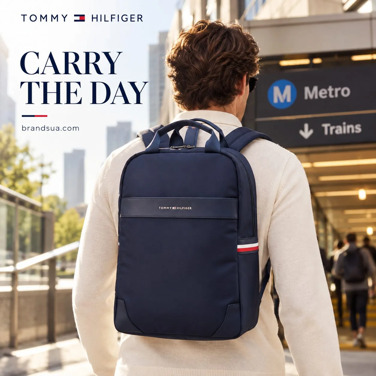 Tommy Hilfiger Backpack Heavy-duty Lightweight — Cropped adult reaches for a slim notebook in the visible side slip pocket.…