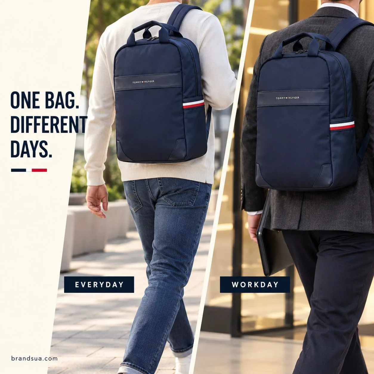 Tommy Hilfiger Backpack Heavy-duty Lightweight — Two asymmetrical back-three-quarter actual walking shots of exact navy bag:…