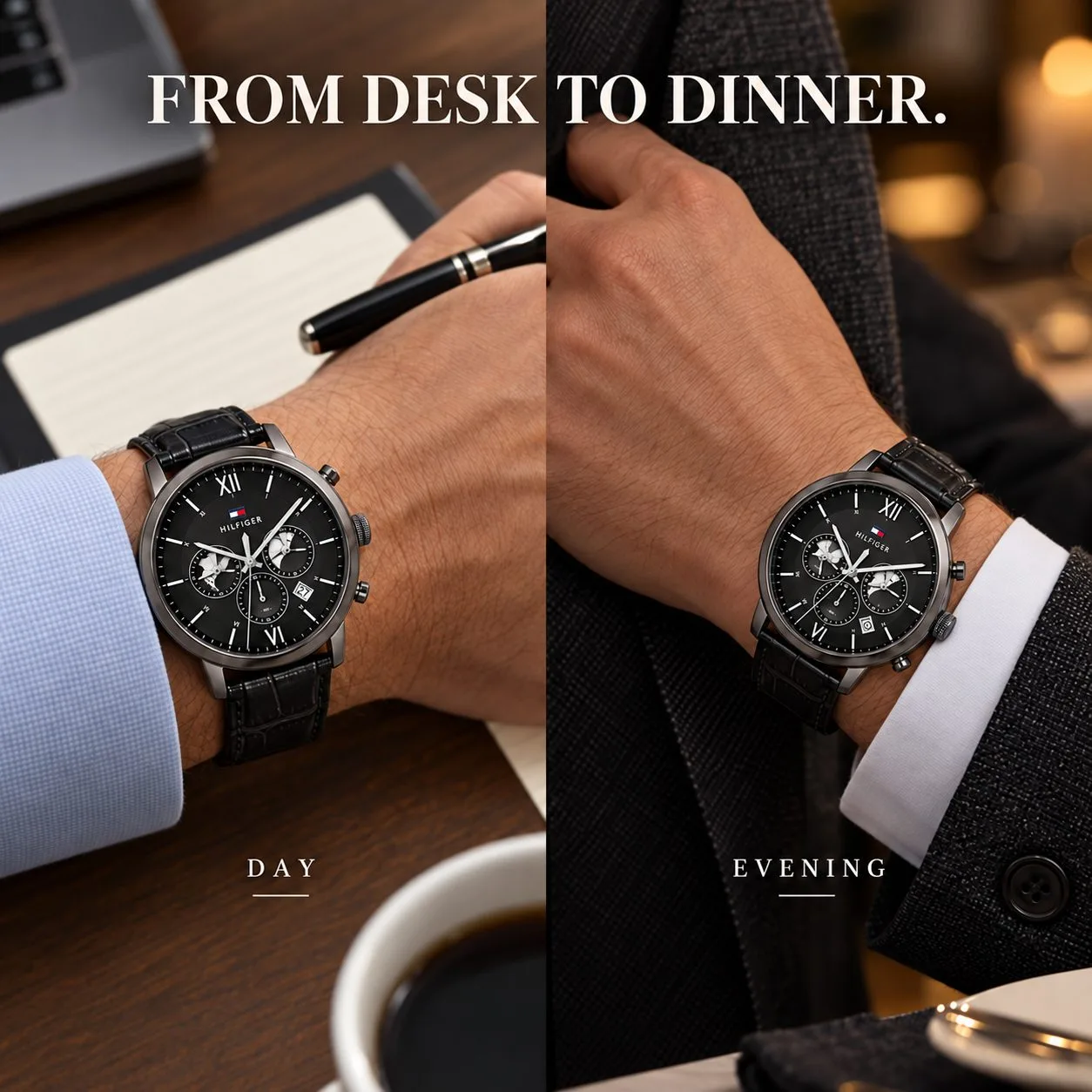 TOMMY HILFIGER EVAN DUAL TIME -1710395 — Two editorial panels of same watch on same wrist: left reaching for pen over desk i…