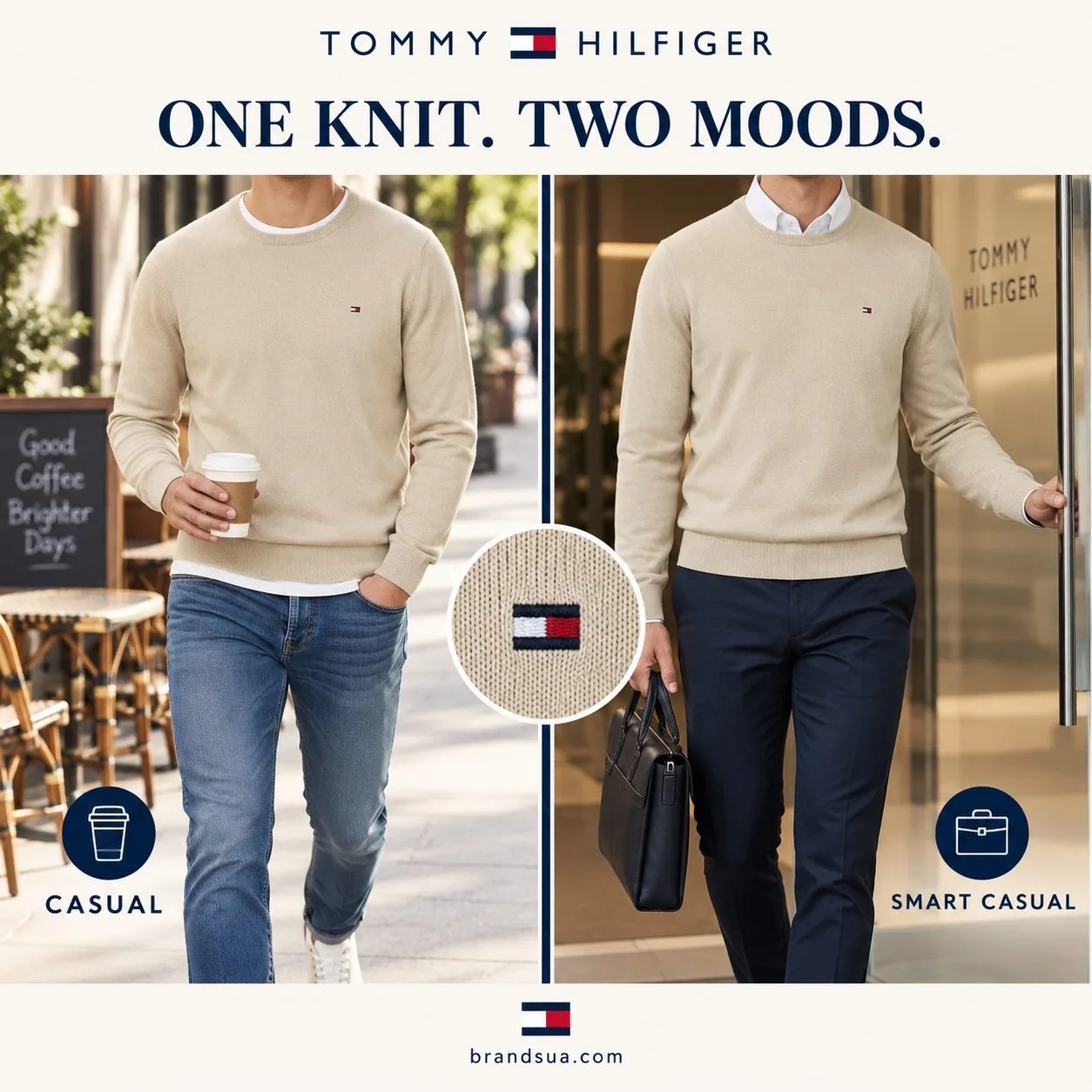 Tommy Hilfiger Pima Organic Cotton Cashmere — Same exact sweater worn by cropped adult in two dynamic scenes: denim for cafe…