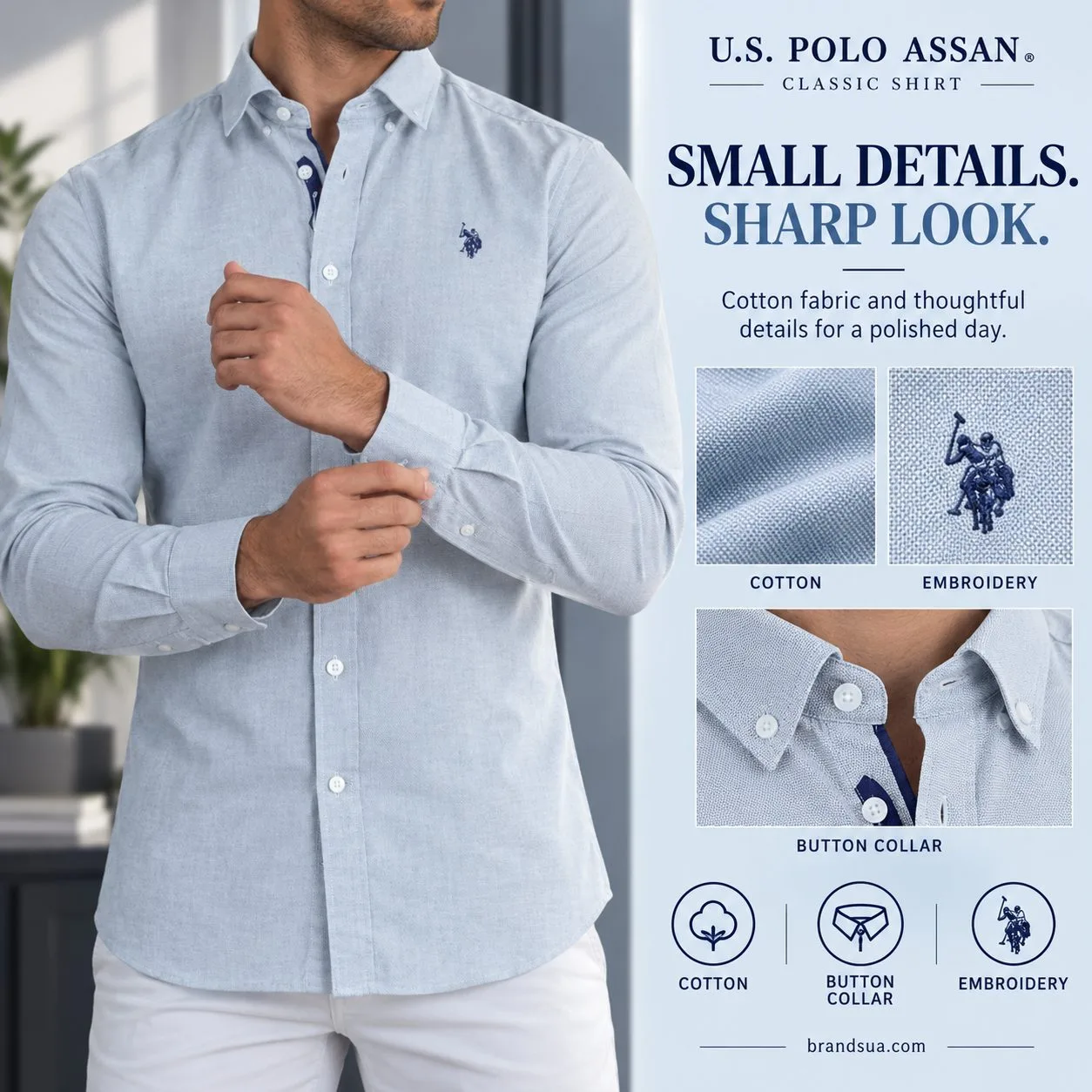 U.S POLO ASSAN Classic Shirt — SMALL DETAILS. SHARP LOOK.; Adult wearing shirt adjusting cuff before leaving home, cropped n…